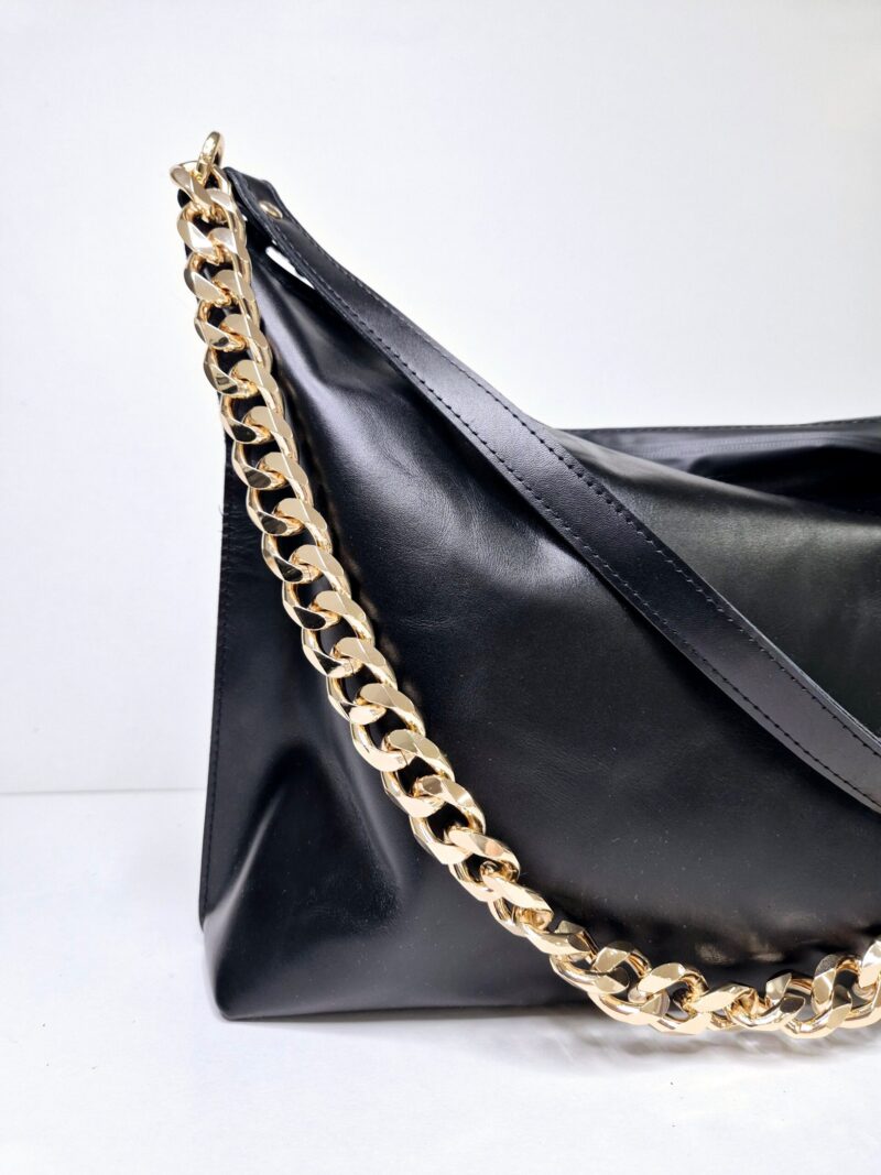 Black Leather Hobo Bag - Large - obrazek 4
