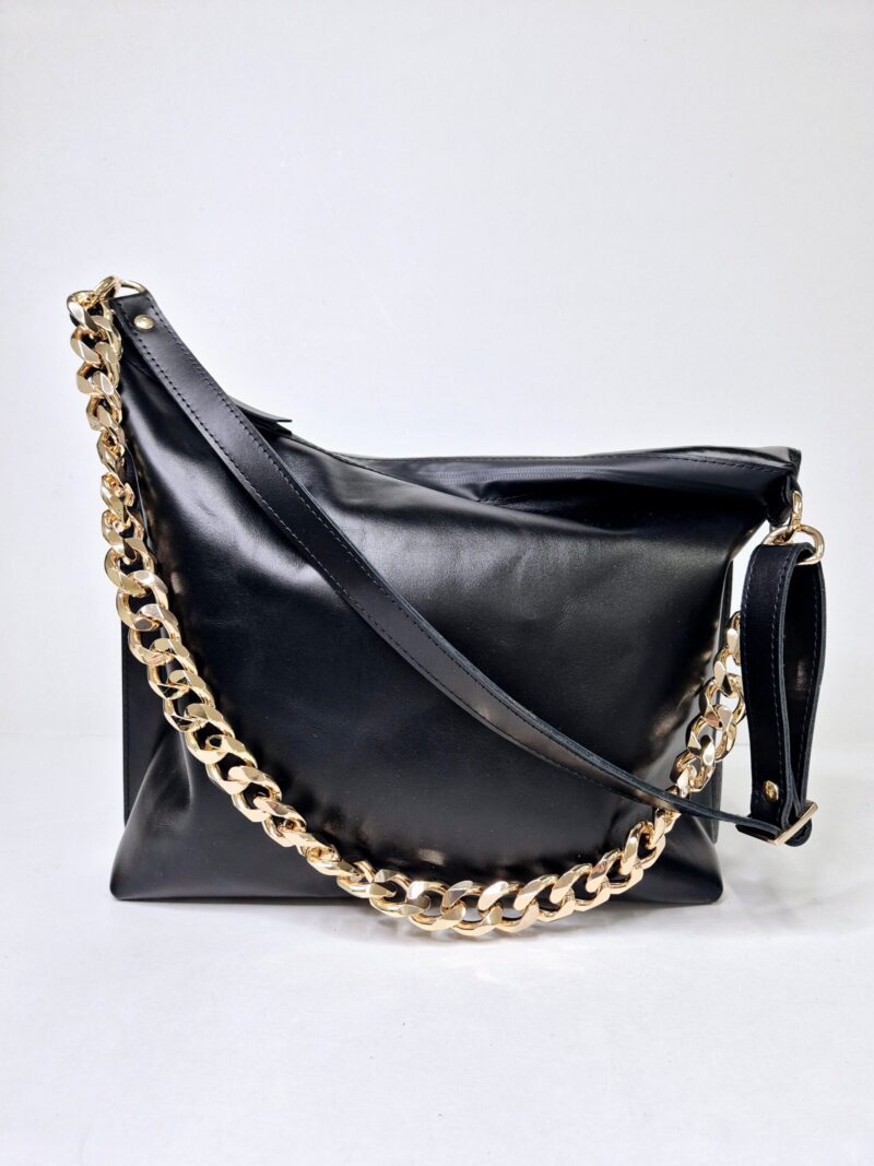 Black Leather Hobo Bag - Large - obrazek 6