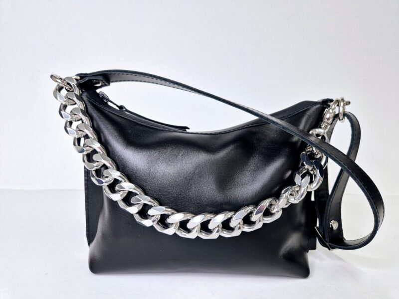 Black Leather Hobo Bag - Small - obrazek 4