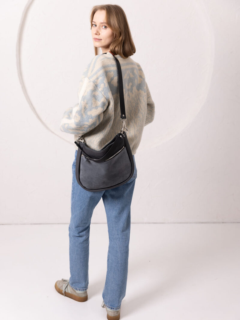 STELLA Leather Handbag - Grey & Suede - obrazek 2