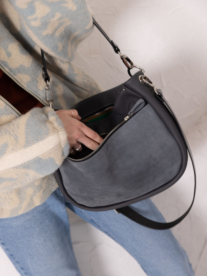 STELLA Leather Handbag - Grey & Suede - obrazek 7