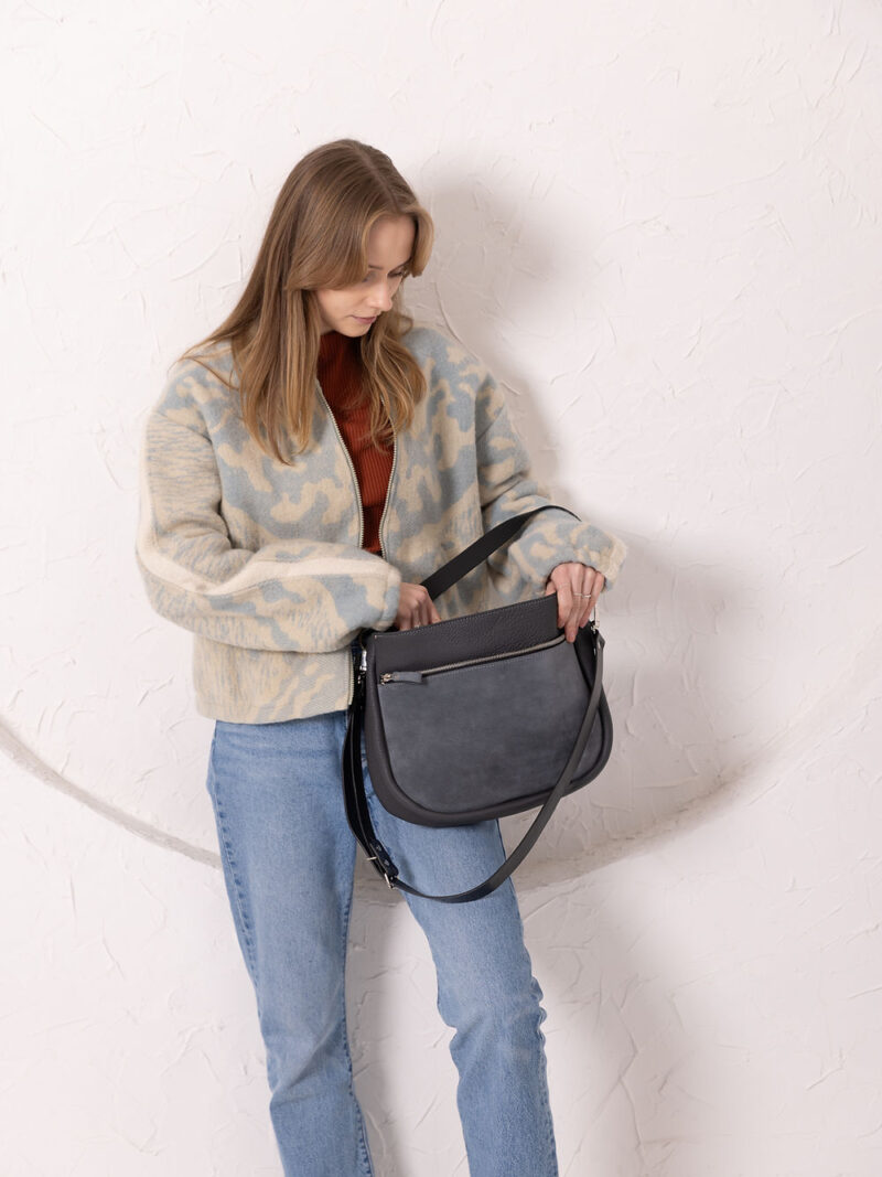 STELLA Leather Handbag - Grey & Suede - obrazek 3