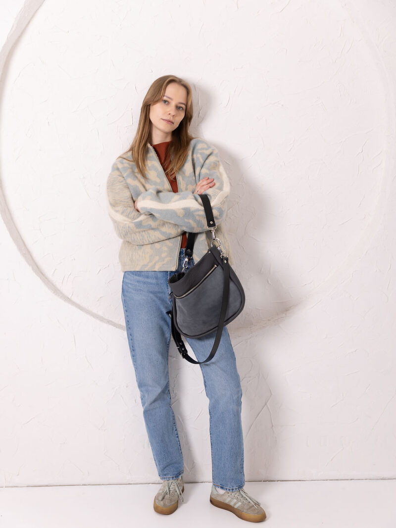 STELLA Leather Handbag - Grey & Suede - obrazek 4