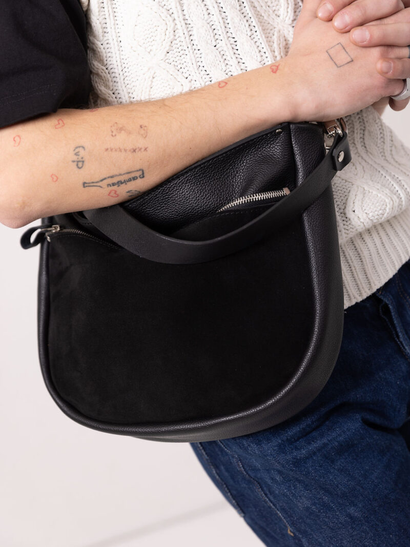 STELLA Leather Handbag - Black & Suede - obrazek 3