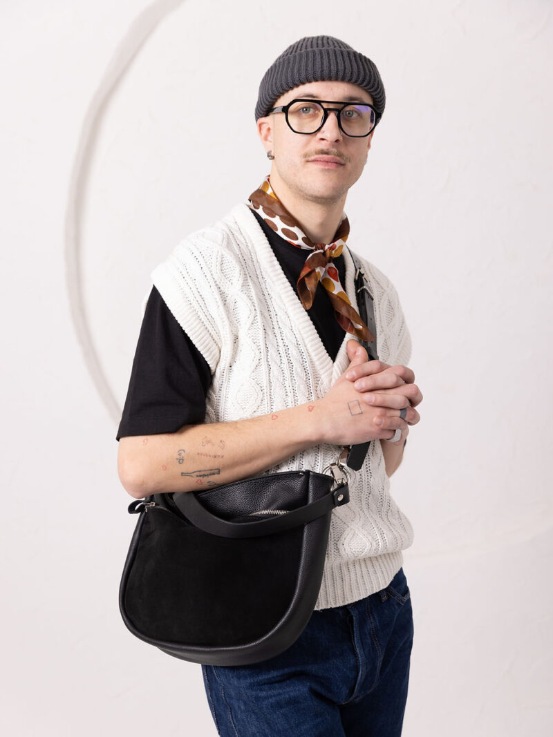 STELLA Leather Handbag - Black & Suede - obrazek 4
