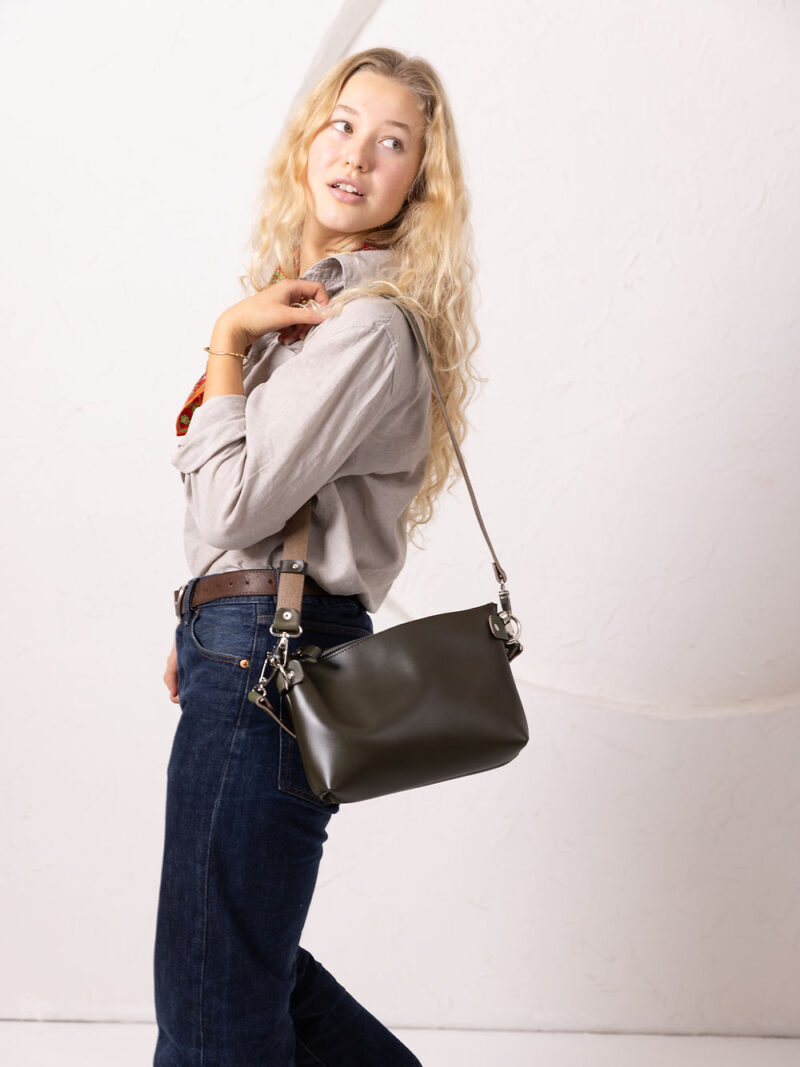 TOMMY Leather Bag with Two Handles - Dirty Green - obrazek 9