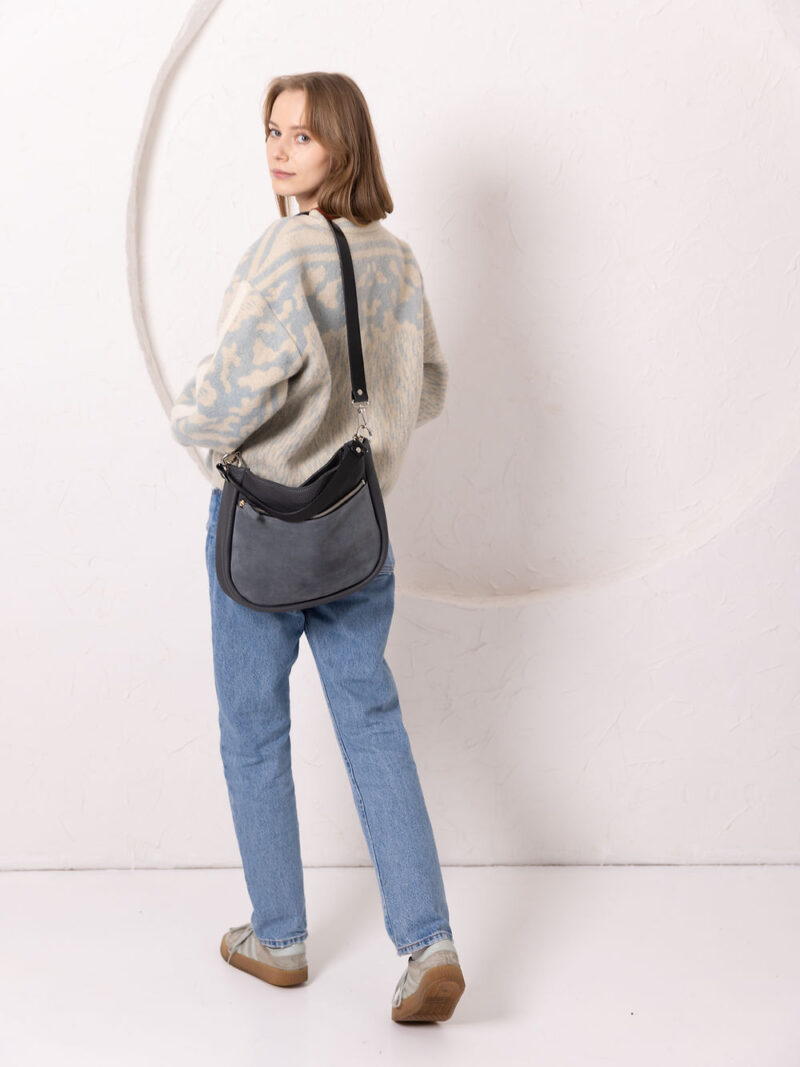 STELLA Leather Handbag - Grey & Suede - obrazek 6