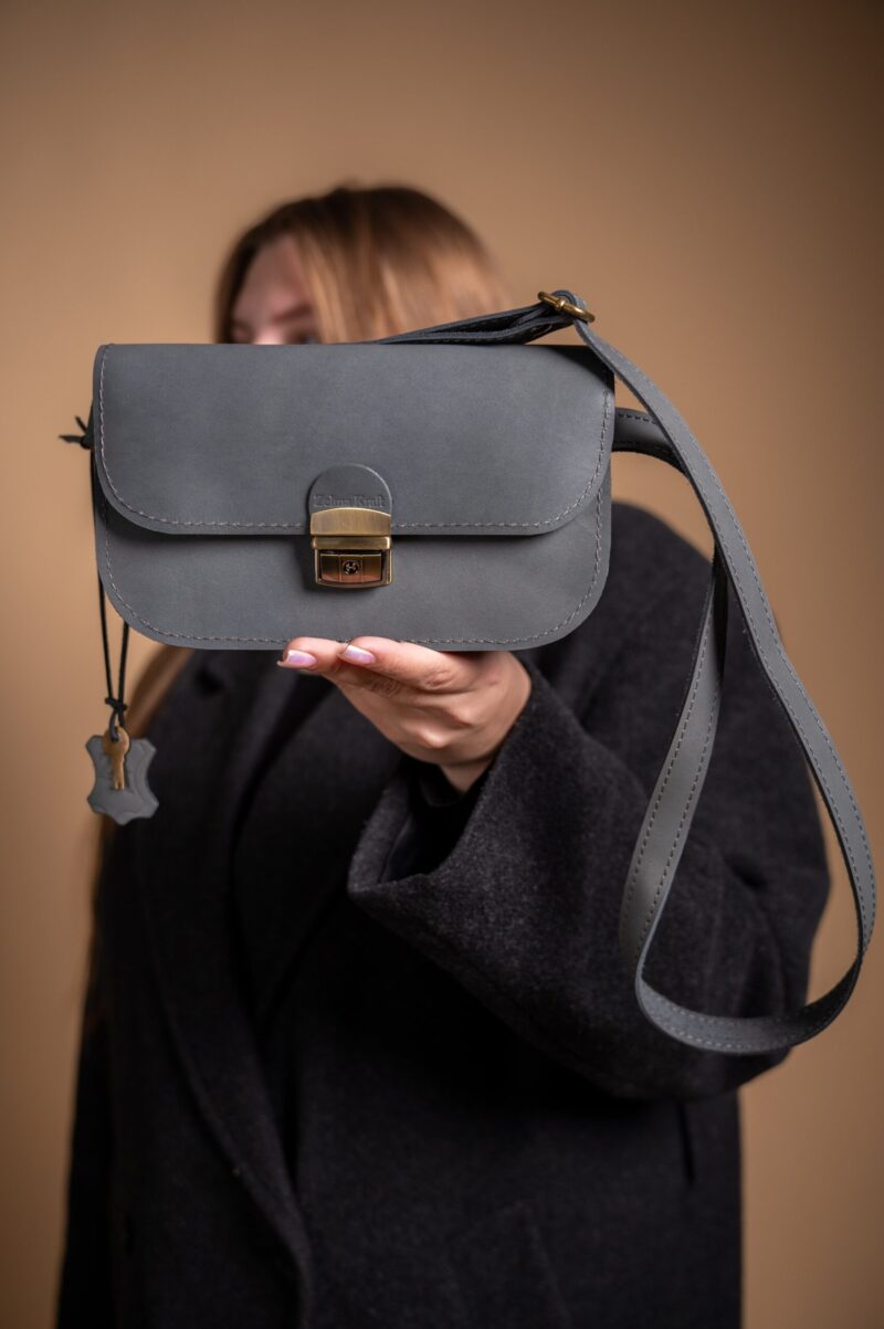 Natural Leather Saddle Bag Mini - Grey - obrazek 4
