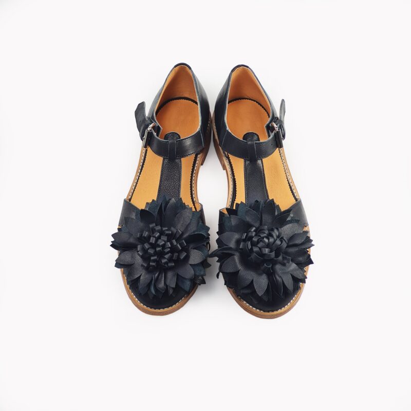 Handmade Leather Fisherman Sandals - Black Flower - obrazek 8