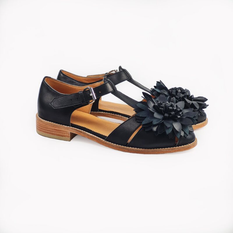 Handmade Leather Fisherman Sandals - Black Flower - obrazek 3