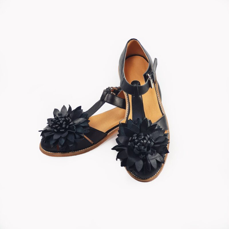 Handmade Leather Fisherman Sandals - Black Flower - obrazek 4