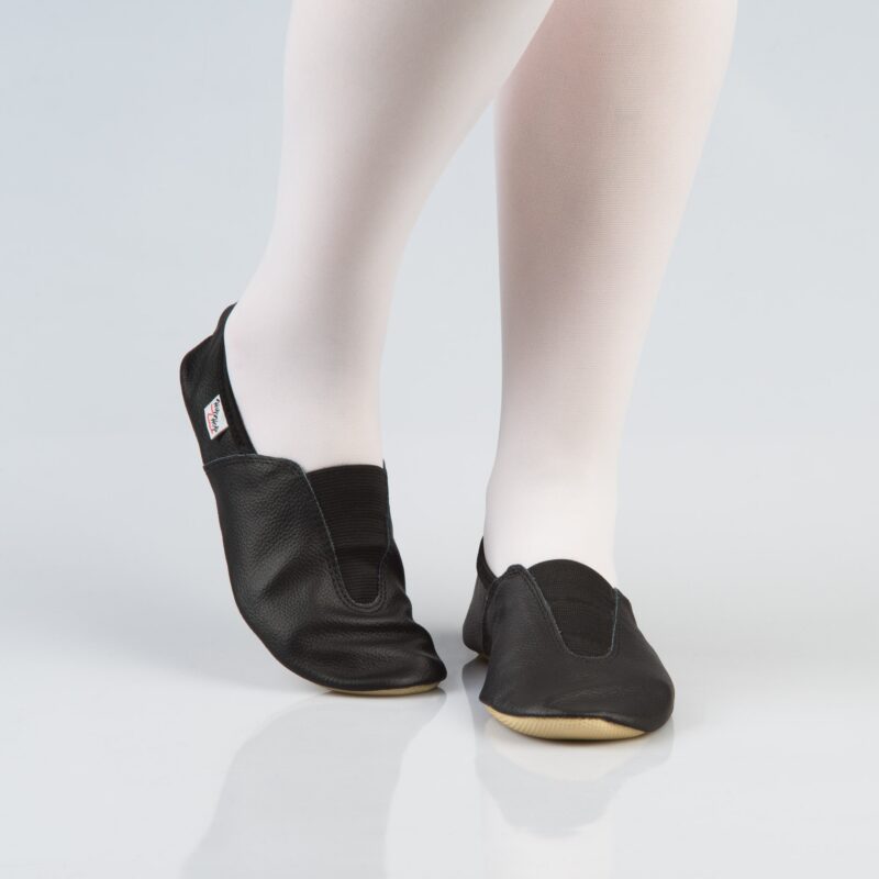 Leather Gymnastics Slippers With Rubber Detail and Sole - Black - obrazek 2