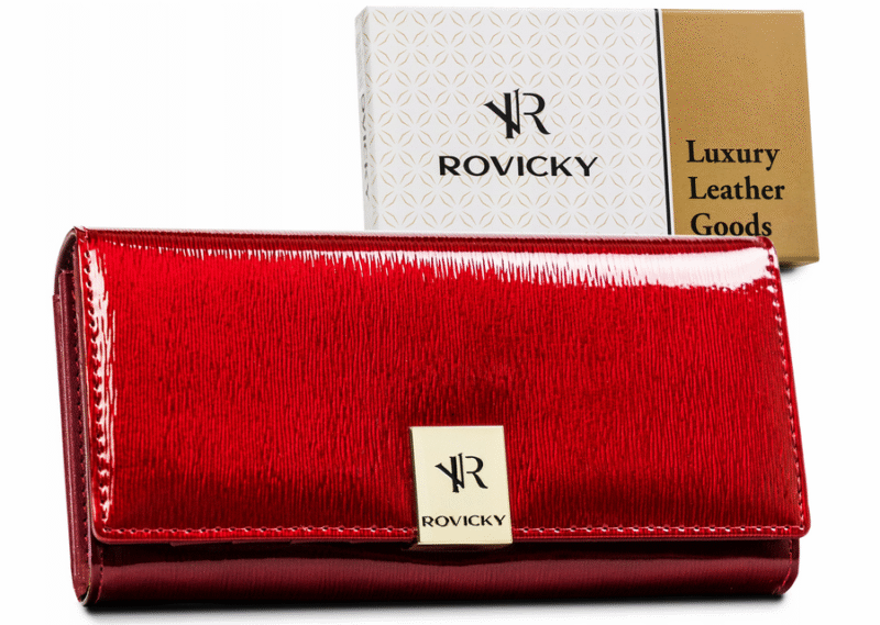Portfel damski z lakierowanej skóry naturalnej zamykany na zatrzask - Rovicky-1 Portfel damski z lakierowanej skóry naturalnej zamykany na zatrzask - Rovicky-1