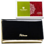 Klasyczny portfel damski ze skóry naturalnej w czarno-złotym kolorze zapakowany w markowe pudełko - Peterson-1