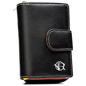 Stylowy, czarny, skórzany portfel damski na zatrzask i suwak - Rovicky-1