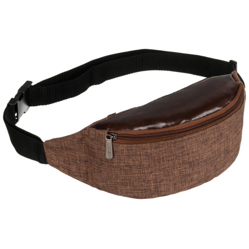 Brązowa saszetka z poliestru zawieszona na regulowanym pasku - Loren-1 Brązowa saszetka z poliestru zawieszona na regulowanym pasku - Loren-1