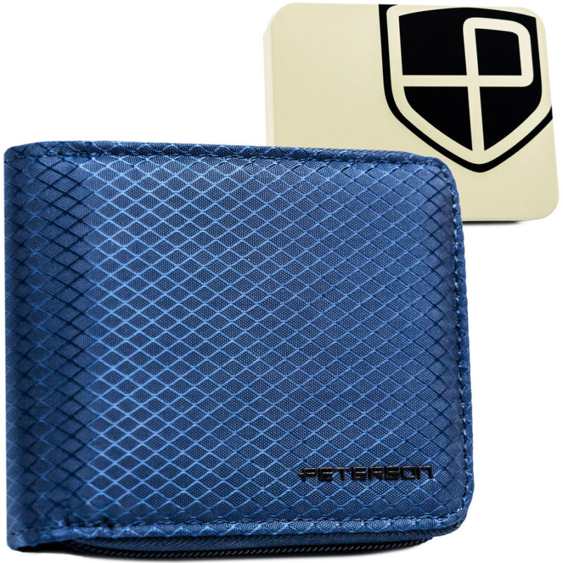 Granatowy portfel męski z modnym, geometrycznym wzorem, zamykany suwakiem - Peterson-1