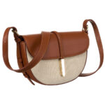 Półokrągła beżowo - brązowa listonoszka damska ze skóry naturalnej i płótna canvas Peterson-1