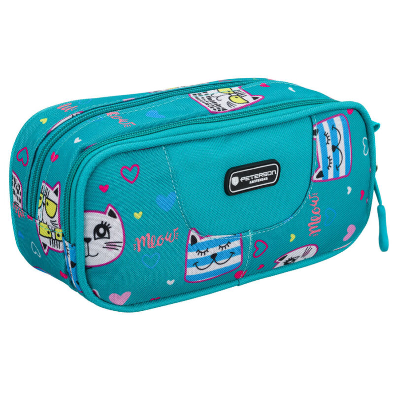 Dwukomorowy piórnik szkolny z poliestru, ozdobiony wzorem w kotki - Peterson-1