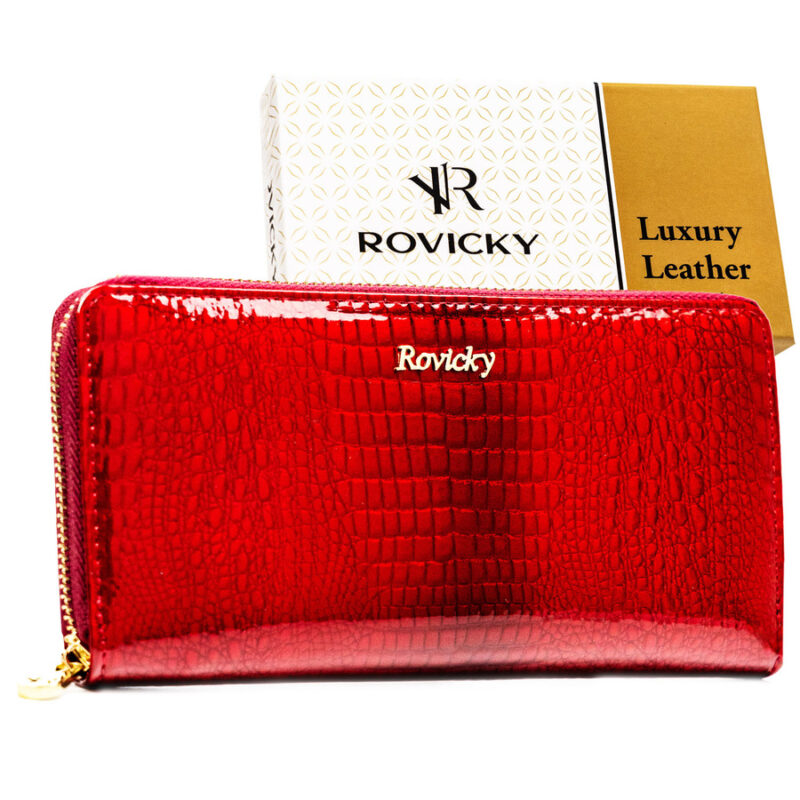 Lakierowany portfel w typie piórnika ze skóry naturalnej w czerwonym kolorze zamykany na suwak - Rovicky-1