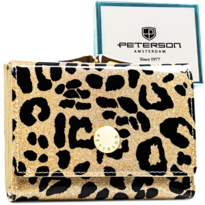 Złoty portfel damski ze skóry ekologicznej i naturalnej w cętki, zamykany biglem i zatrzaskiem - Peterson-1