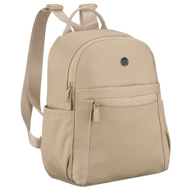 Mały plecak damski wykonany z poliestru w kolorze ecru, jednokomorowy z kieszenią zewnętrzną - Peterson-1 Mały plecak damski wykonany z poliestru w kolorze ecru, jednokomorowy z kieszenią zewnętrzną - Peterson-1